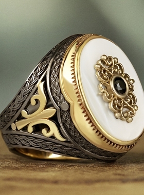 欧美镶嵌天然珍珠母贝戒指男士复古宫廷风个性指环