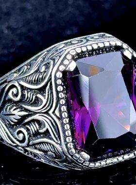 创意镶嵌方形绿钻男士戒指新款古银电镀花纹时尚霸气紫宝石男戒