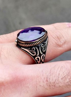 宫廷复古优雅紫色锆石宝石花纹精美戒指男 流行饰品