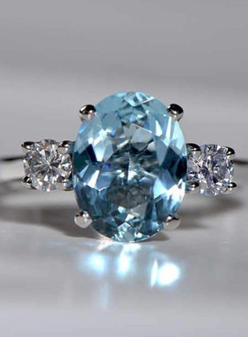 欧美戒指高档蓝色宝石镶嵌戒指女蛋形超大海蓝宝石