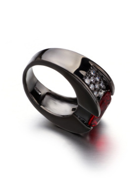 时尚个性黑枪色黑金男女士戒指镶嵌红宝石指聚会派对婚戒情侣