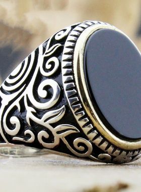 欧美新款 时尚平面黑色水晶雕刻花纹男戒指环饰品