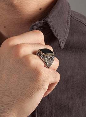 新款饰品 欧美简约金边黑色宝石男士双色老鹰动物戒指