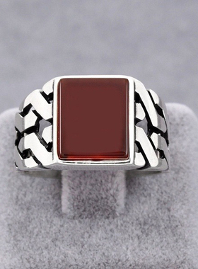 新款红色玻璃石戒指男欧美时尚复古男女指环