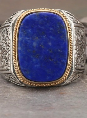 欧美复古时尚蓝色宝石戒指男款双色艺术雕刻指环