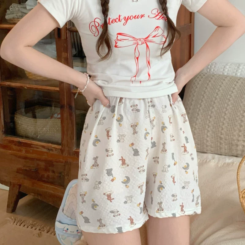 cartoon cute thin trousers, shorts for students for leisure, elastic waist, oversize