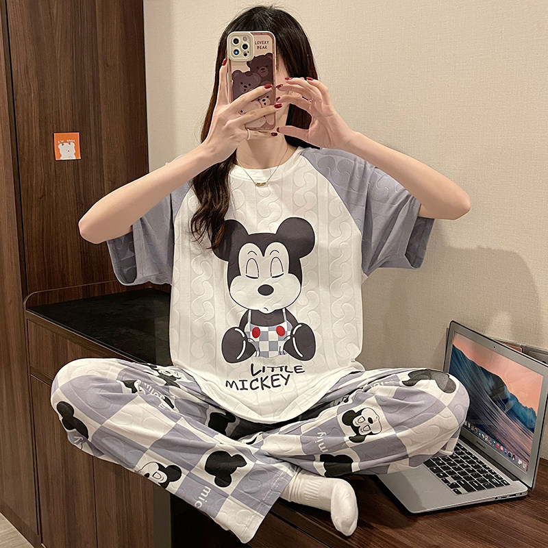 新款夏季短袖长裤宽松提花纯棉睡衣 采樱睡衣/家居服套装