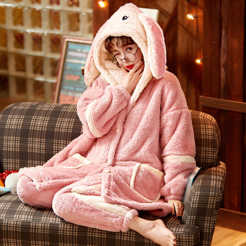 珊瑚绒加绒加厚秋冬款毛茸茸睡袍 米翡莉睡衣/家居服套装