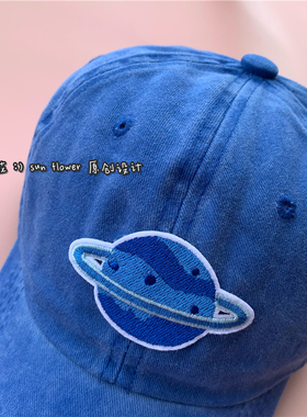 星球图案蓝色帆布情侣弯檐帽子