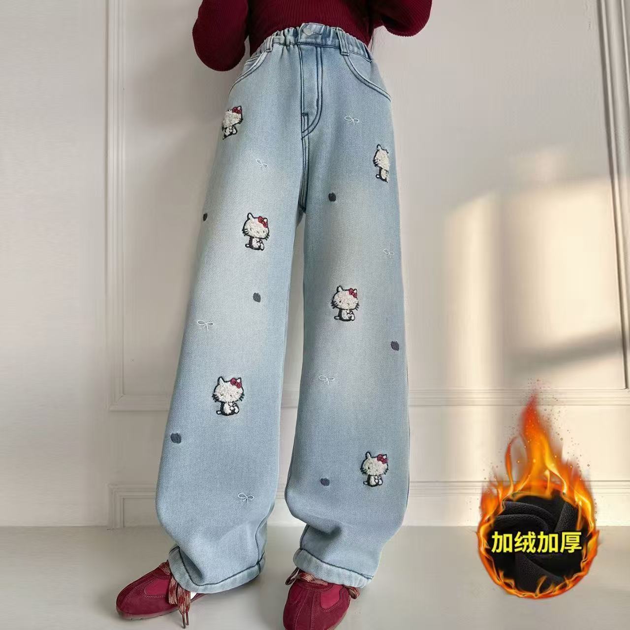 女童刺绣卡通小猫加绒休闲牛仔裤阔腿裤2025冬季新款ZM010嫜 - 图1