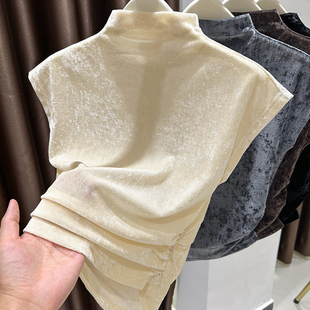 春夏插肩短袖T恤女2026新款短款钻石毛半高领打底衫薄款上衣0309z