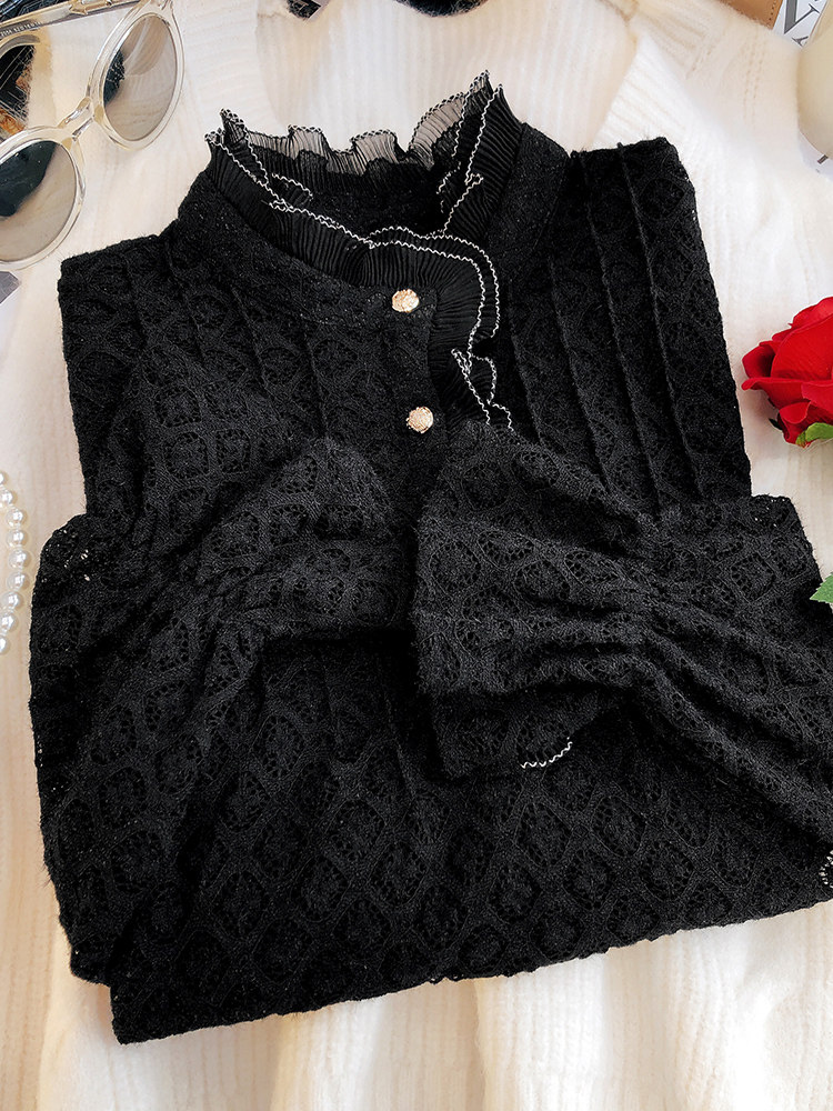 蕾丝秋冬洋气花边立领网纱内搭小衫 双潮蕾丝衫/雪纺衫