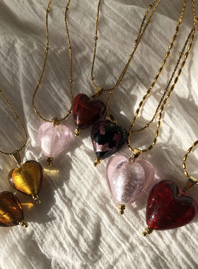 法式vintage风情大红爱心吊坠手工琉璃爱心项链复古ins风颈链春夏