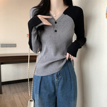 Big Code Womens Covered Belly Bump Color Splicing Knit Long Sleeve Beat Undershirt Female Spring Autumn Fat Younger Sister Conspiculess 100 Hitch Blouse