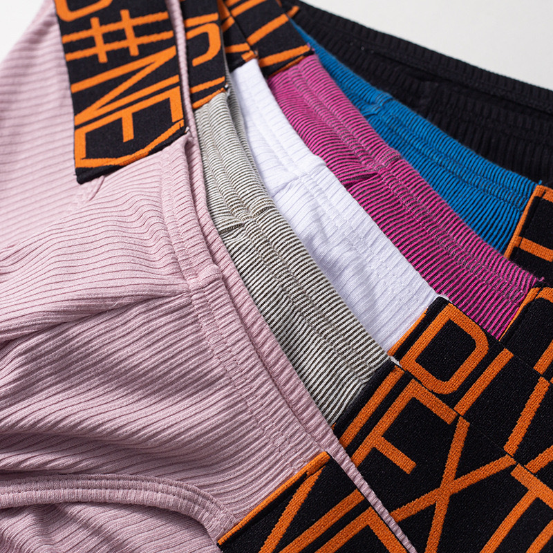 男纯棉三角裤细条纹高叉宽裤边皮筋字母性感低腰潮男打底裤显腿长 - 图0