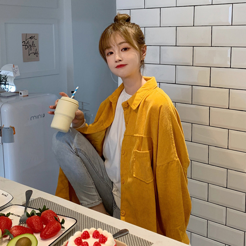 灯芯绒盐系设计感小众2020秋季衬衫 彩丽纯衬衫