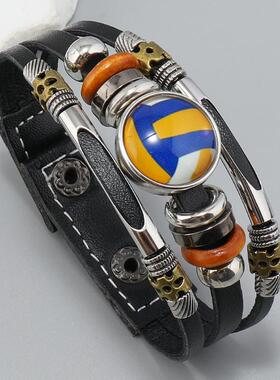 欧美串珠足球棒球篮球手镯百搭球队球迷皮革手链跨境热销新款饰品