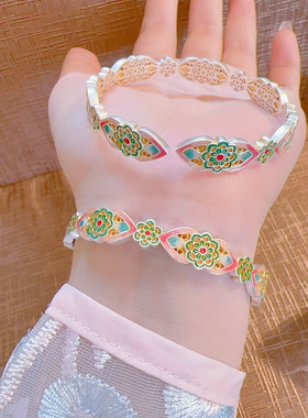 足银999.9珐琅彩花满筑宫廷繁花描金开口可调节手镯