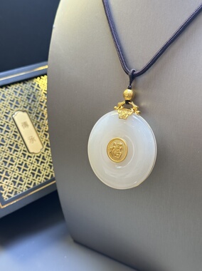 龙凤呈祥传承足金金镶玉和田玉吊坠项链