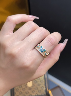 足银9999珐琅彩描金蝴蝶戒指镂空花丝银戒指文艺复古女手饰