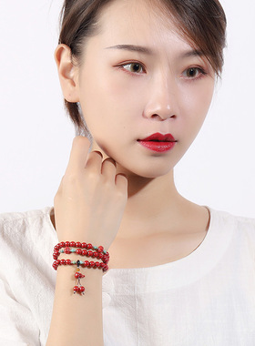 原矿帝王砂手串女款三圈符朱砂小葫芦钱袋多圈手链批发