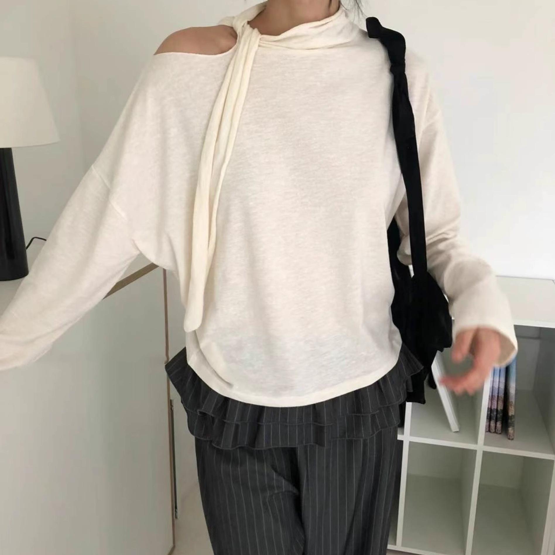 Exclusive type 韩版小众设计复古露肩绑带柔软贴肤长袖T桖上衣女 - 图2