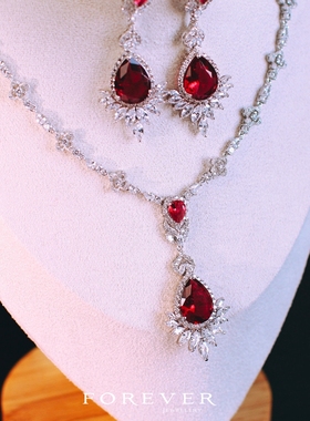 奢华红色锆石晚宴礼服项链耳环闪