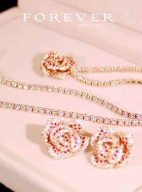 铜镀白金镶锆石女士轻奢花朵项链