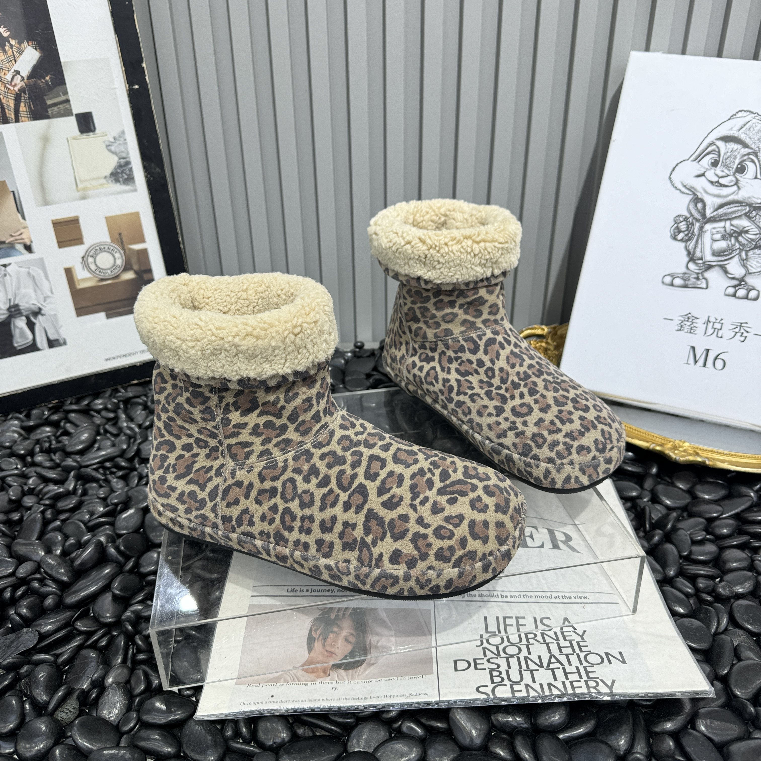 2025冬季新款磨砂真皮豹纹平底羊羔毛毛加绒加厚雪地靴短筒靴女鞋,淘宝优惠券,粉丝福利购,淘宝优惠卷