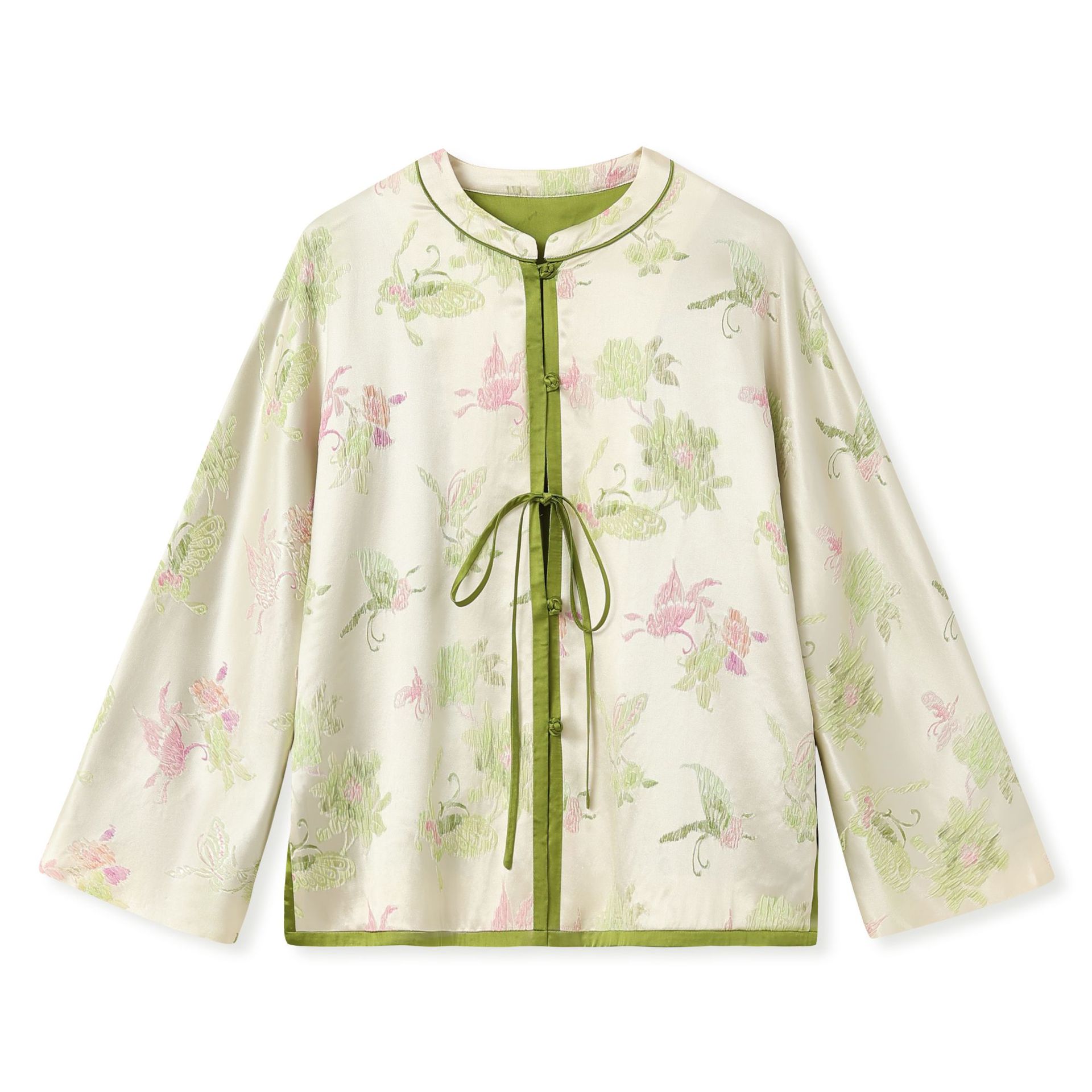 国风雅致蝴蝶提花真丝上衣女装新中式立领系带设计感长袖外套 - 图3