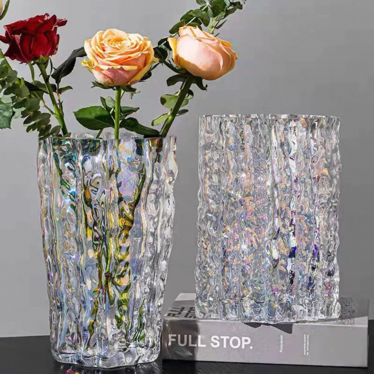 ins风高级感玫瑰鲜花客厅餐桌摆件网红轻奢冰川花瓶玻璃透明波纹,淘宝优惠券,粉丝福利购,淘宝优惠卷
