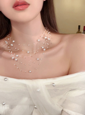 满天星多层珍珠项链女法式高级感轻奢锁骨链鱼线叠戴颈链义乌配饰