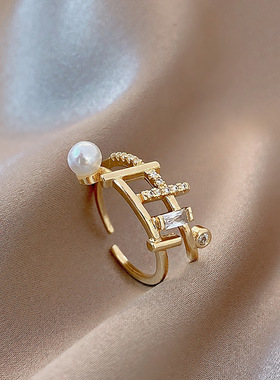 韩国东大门森系设计感双层珍珠戒指个性几何微镶锆石指环手饰银饰