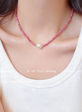 法式气质小香风串珠项链气质简约百搭仿珍珠粉色浪漫锁骨链配饰女