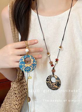 蜡绳木头圆形吊坠项链复古民族风气质锁骨链百搭简约高级感饰品女