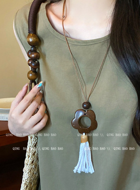 新中式国风禅意木质吊坠项链女复古长款民族风编绳秋冬毛衣链配饰