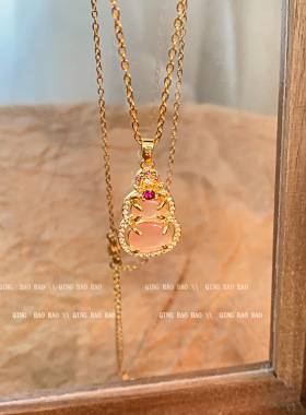 小众高级感粉色猫眼石葫芦吊坠项链女超闪满钻网红同款锁骨链颈链