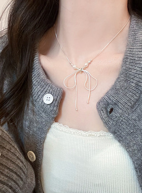 韩国气质珍珠蝴蝶流苏项链女时尚小众高级感百搭气质锁骨链项饰品