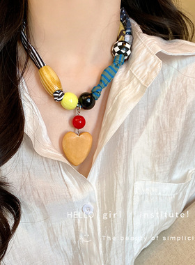 时髦布艺丝巾串珠拼接可调节项链女复古挂脖丝巾配饰毛衣链锁骨链