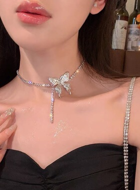 工厂直销~甜酷蝴蝶结珍珠项链女ins设计感水钻蝴蝶锁骨链优雅颈链