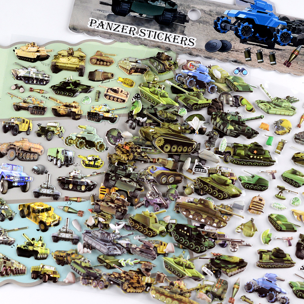 军事武器坦克装甲车立体泡泡贴纸儿童玩具男孩宝宝幼儿园奖励贴画 - 图0
