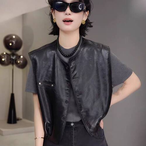 复古PU皮马甲女短款2025秋季新款韩版时尚休闲机车服坎肩马夹外套 - 图3