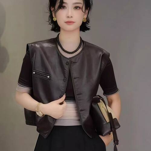 复古PU皮马甲女短款2025秋季新款韩版时尚休闲机车服坎肩马夹外套 - 图0