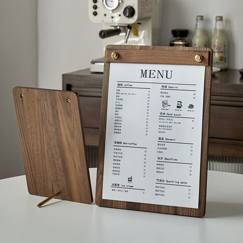 菜单夹立式咖啡店设计制作菜单西餐厅馆展示牌垫板A4A5实木画板夹-图0