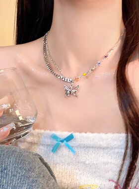 双层叠戴小众彩色蝴蝶项链女夏甜酷设计高级感百搭锁骨链秋冬配饰