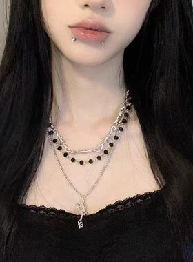 哥特风十字架双层叠戴项链女暗黑甜酷辣妹串珠锁骨链复古颈链配饰