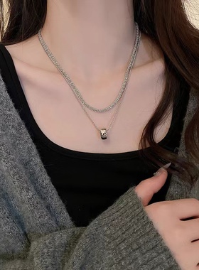 双层叠戴波光粼粼简约圆环项链女夏小众高级感毛衣锁骨链长款配饰
