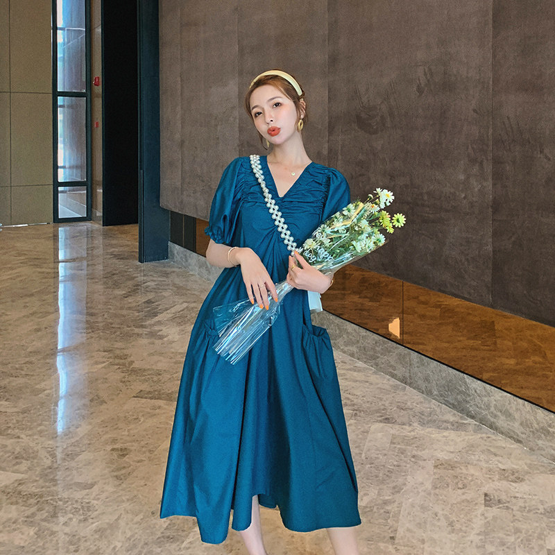 性感v领褶皱大口袋法式洋气连衣裙 芸哲连衣裙