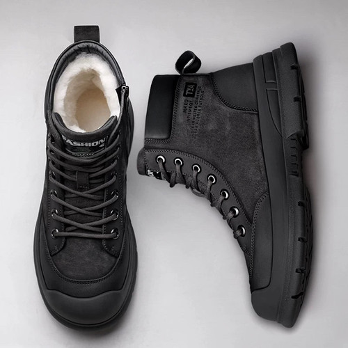 棉鞋男冬季高帮加绒保暖皮毛一体休闲运动男士防滑厚底羊毛雪地靴 - 图0