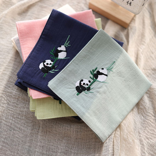 Pure cotton embroidered handkerchief, Chinese style gift for foreigners studying abroad, portable sweat-absorbent square scarf, giant panda